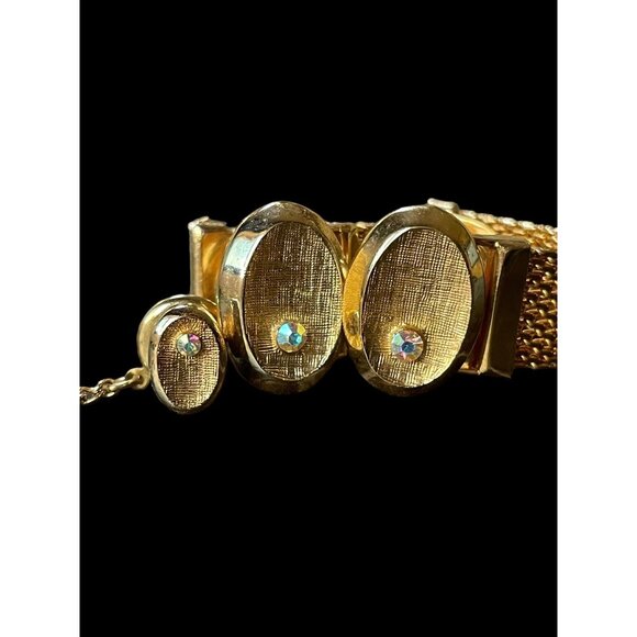 Vintage Oval Gold Tone Cufflinks Clasps and Tie Pin with Imitation Diamond Inlay - Picture 3 of 5